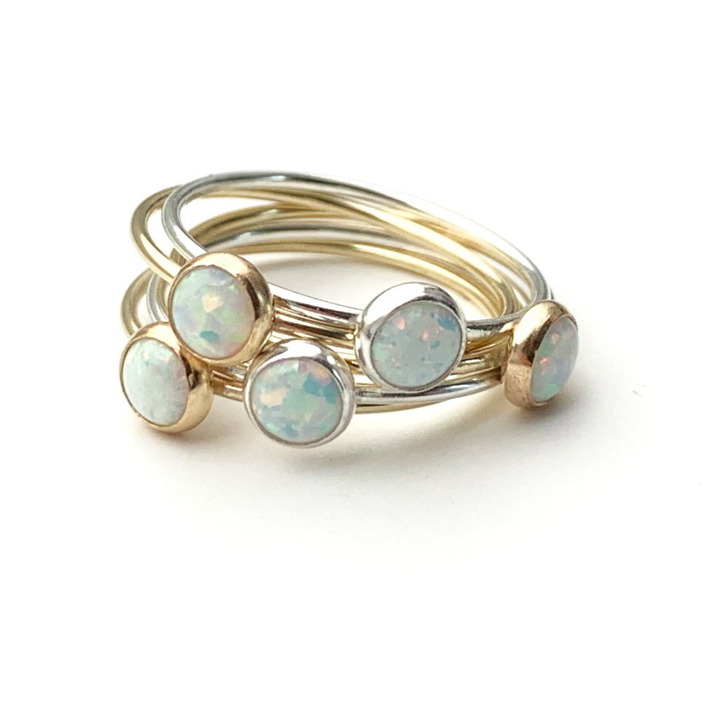 Opal Stacking Ring. Solid 925 Sterling Silver with Simulated Lab