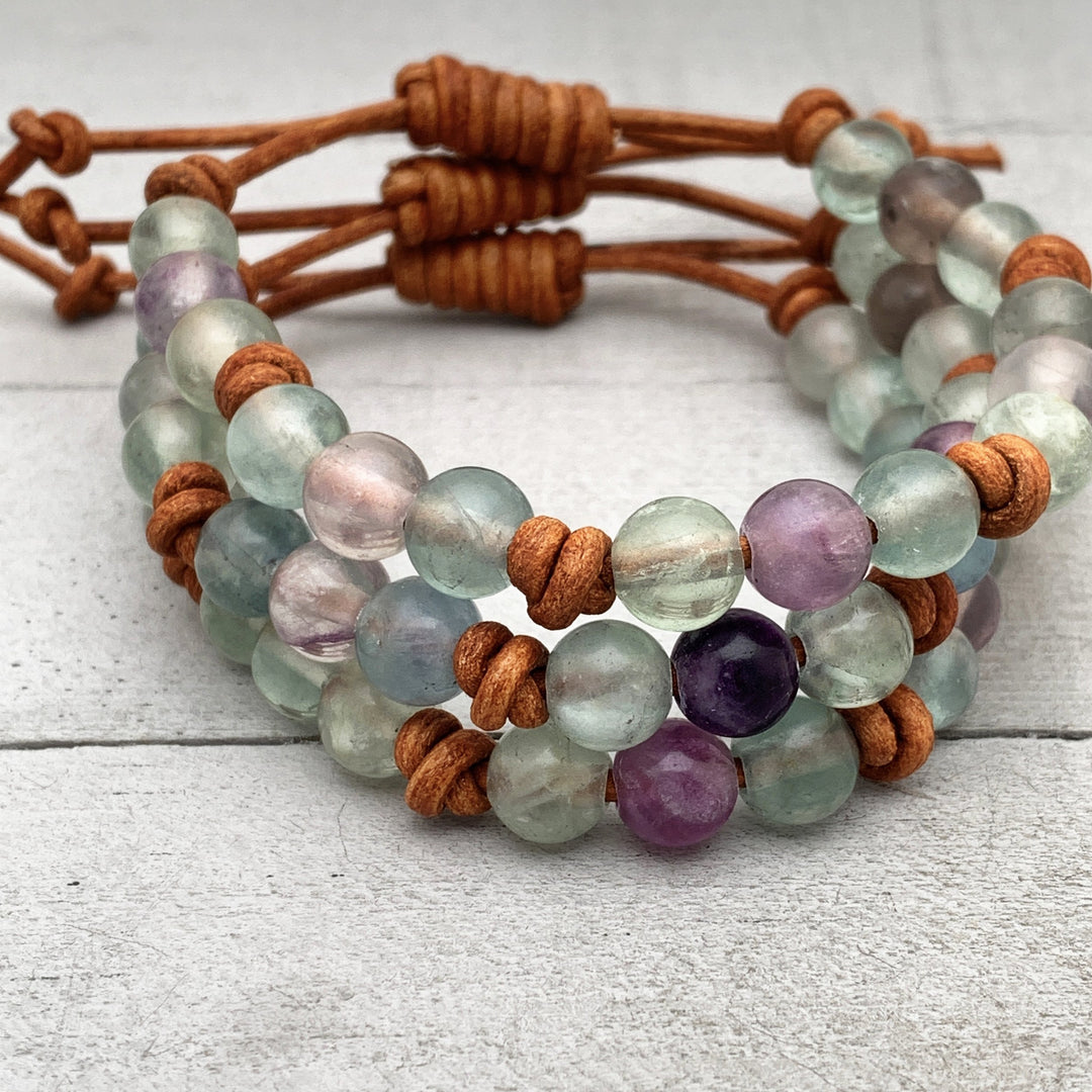 Fluorite Crystal and Rustic Brown Leather Gemstone Stacking Bracelet
