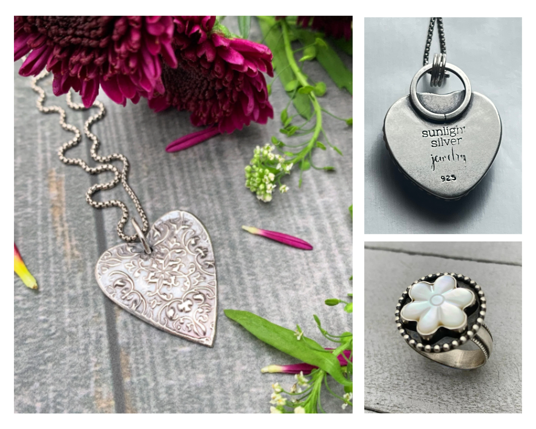 Collage of three images: a heart-shaped silver pendant stamped with '925' against a gray background with bright fuchsia flowers, a silver ring featuring a mother of pearl flower, and the back of a silver heart necklace stamped with a textured pattern