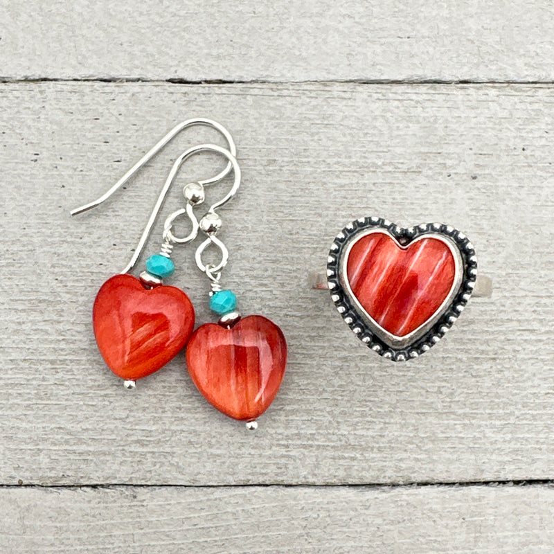Red Spiny Oyster Shell Heart, Turquoise and Sterling Silver Earrings