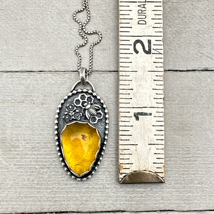 Golden Amber and Sterling Silver Honeycomb Bee Pendant with Fossilized Ant Inside