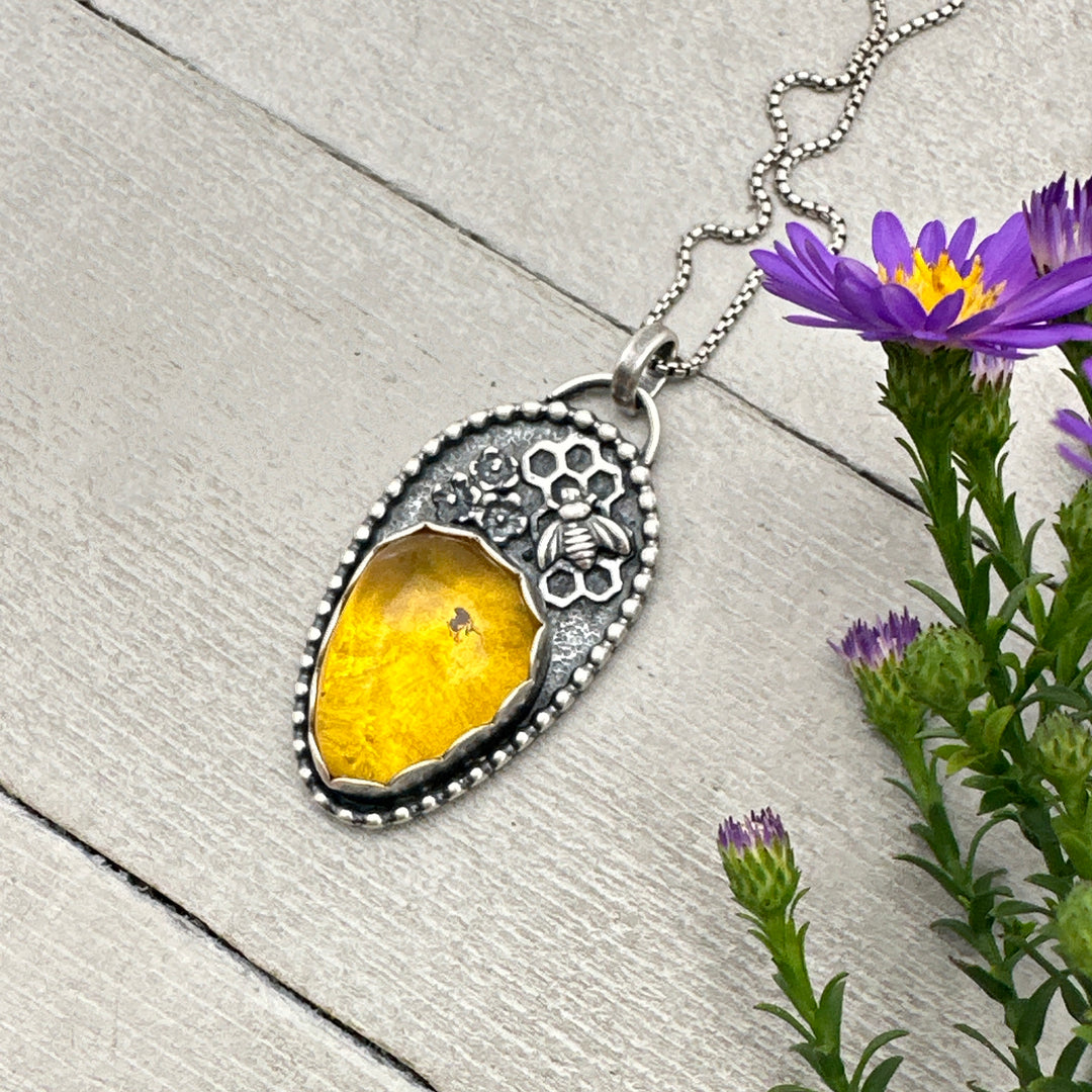 Golden Amber and Sterling Silver Honeycomb Bee Pendant with Fossilized Ant Inside