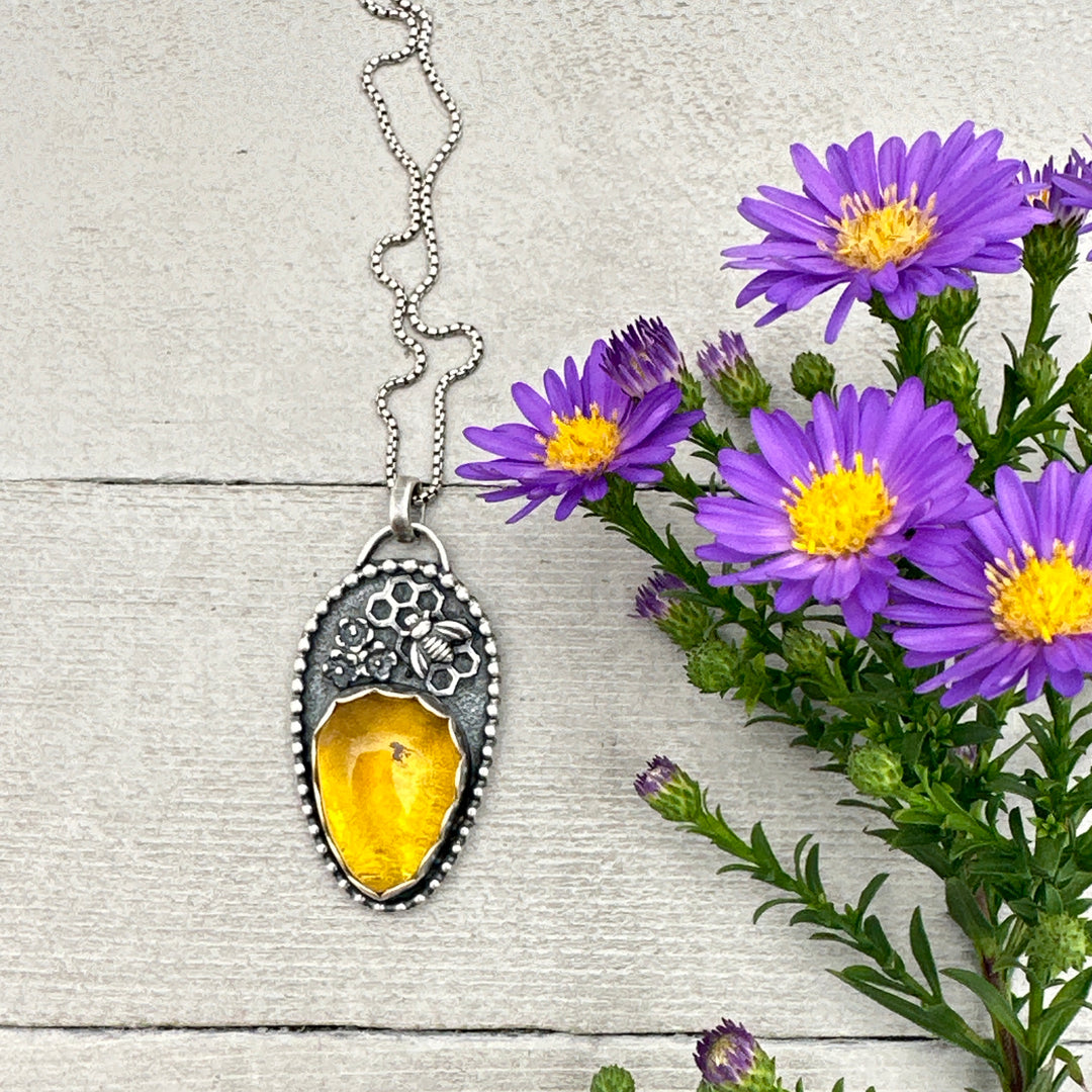 Golden Amber and Sterling Silver Honeycomb Bee Pendant with Fossilized Ant Inside