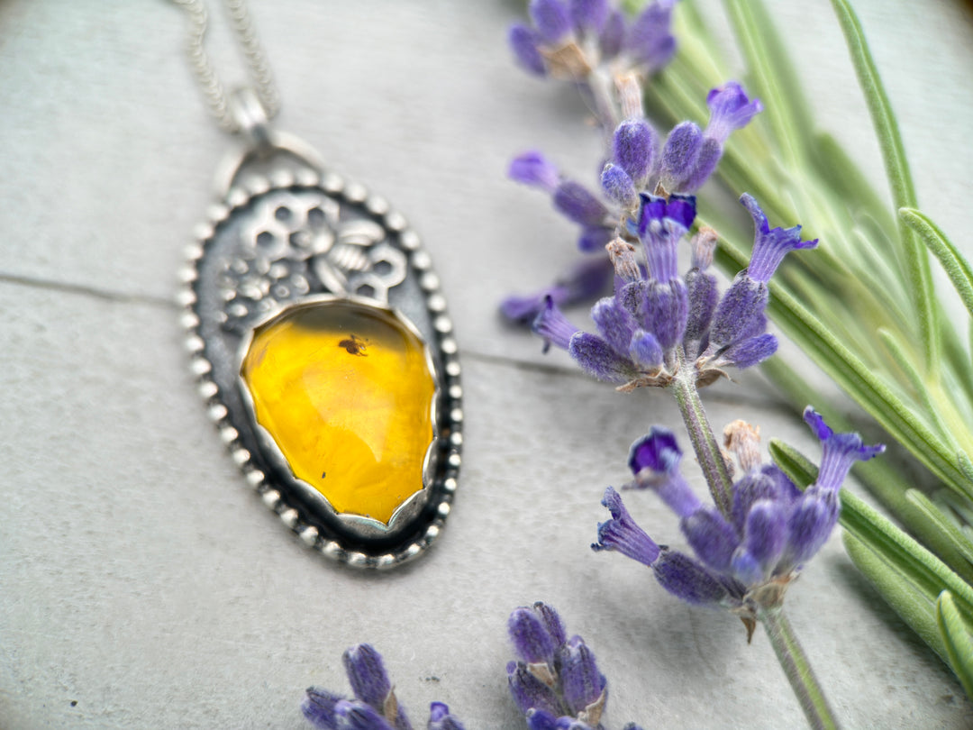 Golden Amber and Sterling Silver Honeycomb Bee Pendant with Fossilized Ant Inside