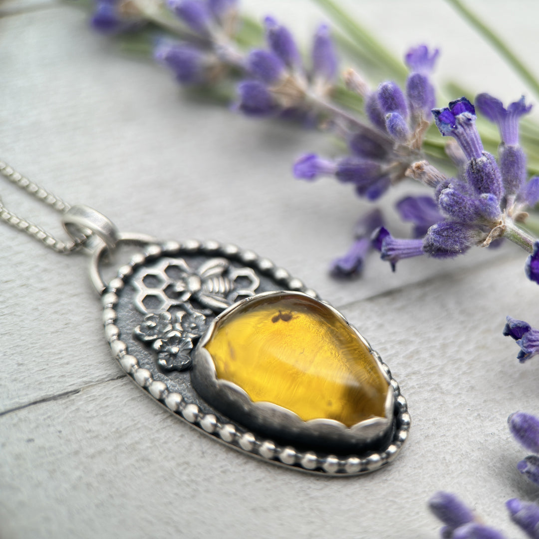 Golden Amber and Sterling Silver Honeycomb Bee Pendant with Fossilized Ant Inside