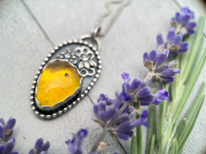 Golden Amber and Sterling Silver Honeycomb Bee Pendant with Fossilized Ant Inside