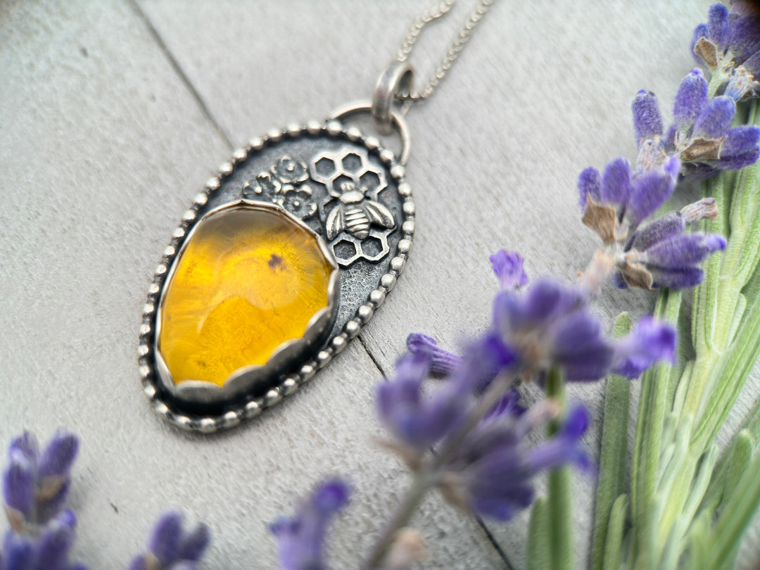 Golden Amber and Sterling Silver Honeycomb Bee Pendant with Fossilized Ant Inside