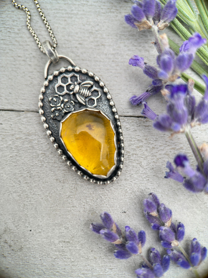 Golden Amber and Sterling Silver Honeycomb Bee Pendant with Fossilized Ant Inside