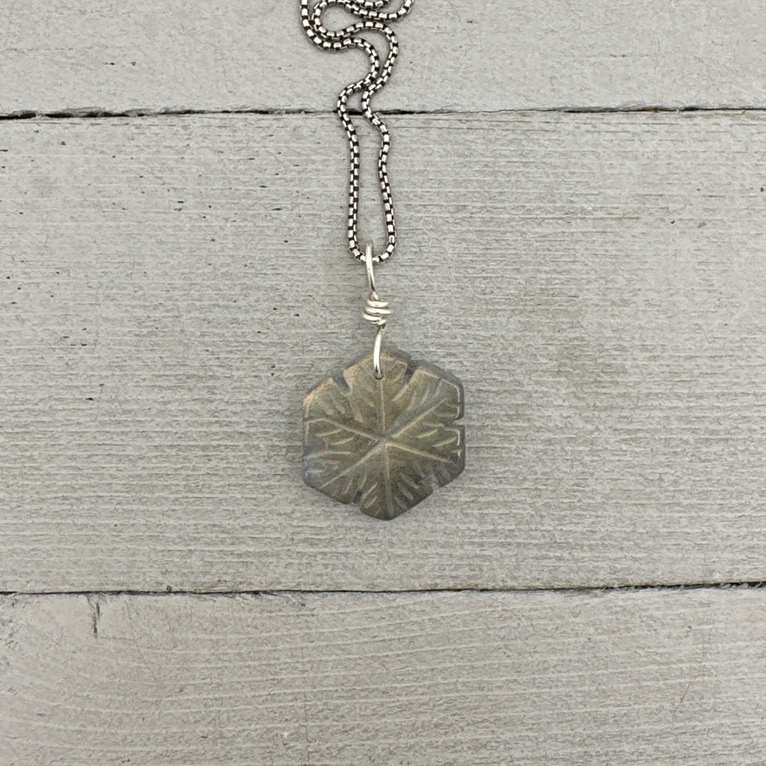 Labradorite Carved Snowflake and Sterling Silver Pendant