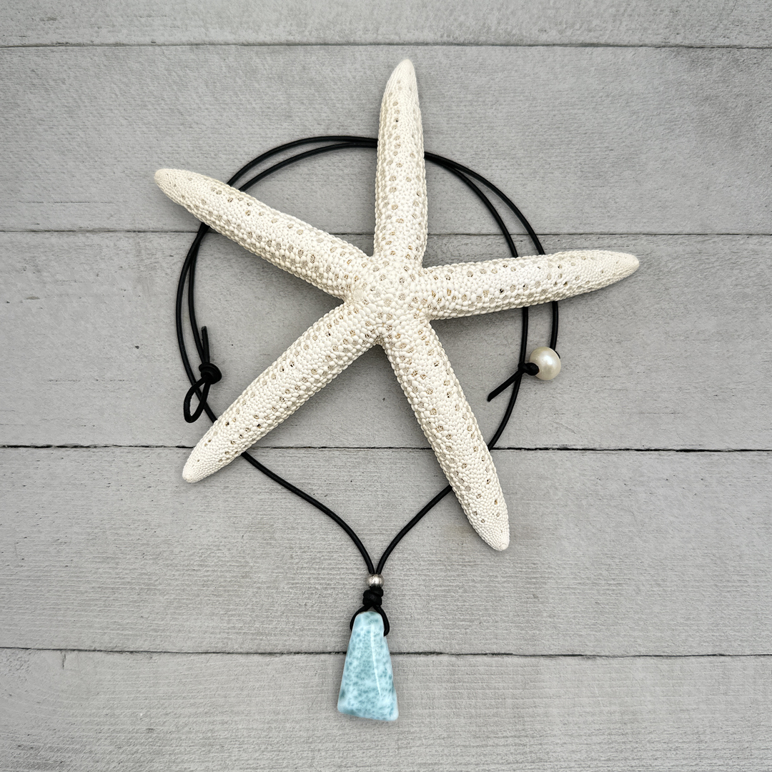 Larimar Crystal and Black Leather Necklace
