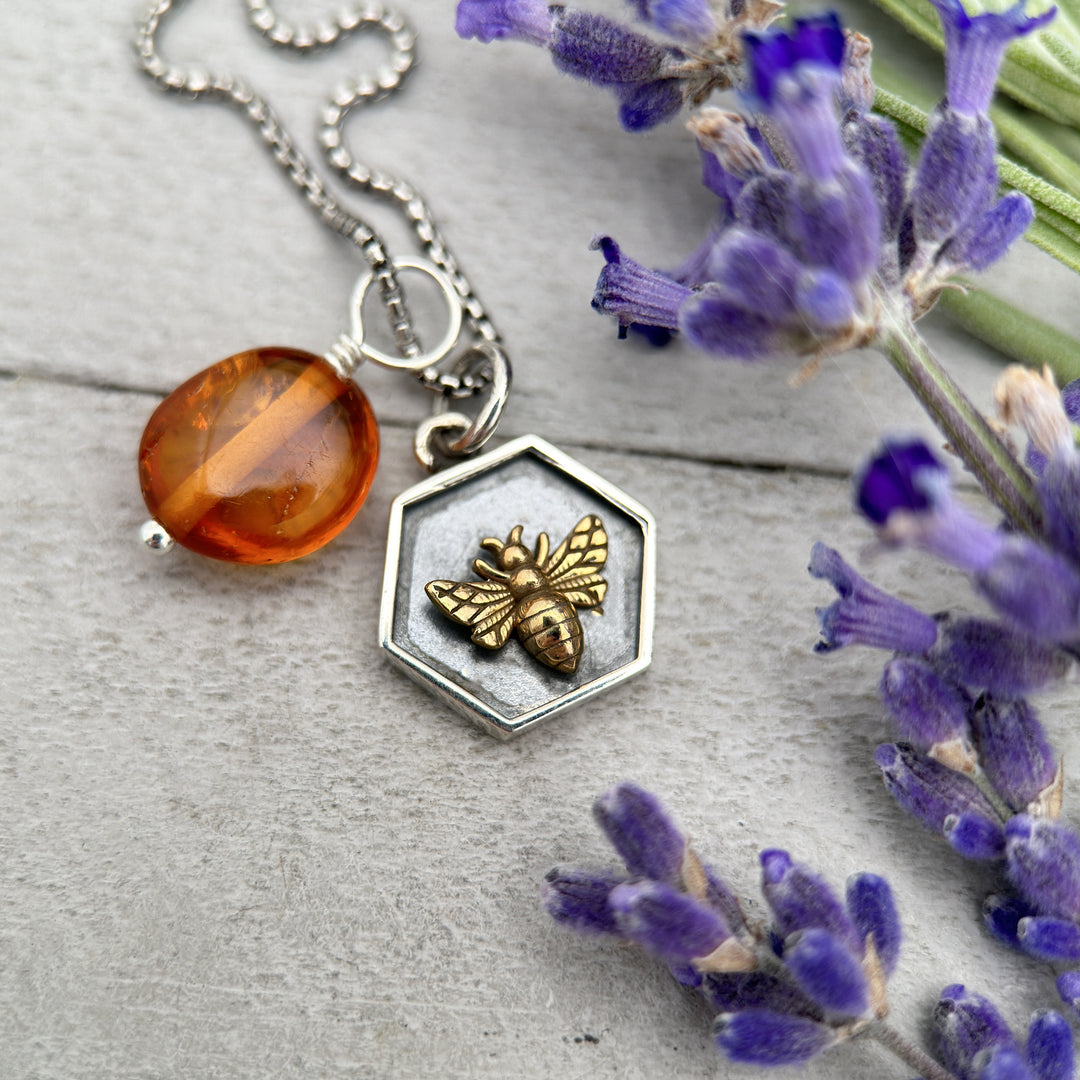 Amber and Bee Charm Necklace. Honeycomb Hexagon Bee Charm with Genuine Amber