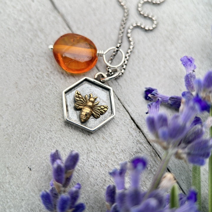 Amber and Bee Charm Necklace. Honeycomb Hexagon Bee Charm with Genuine Amber