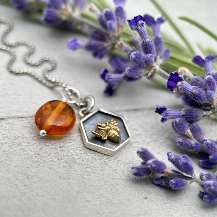 Amber and Bee Charm Necklace. Honeycomb Hexagon Bee Charm with Genuine Amber