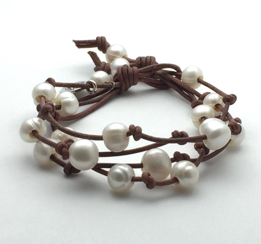 Pearl Bracelet | Rustic Brown Leather Multi-Strand Wrap Jewelry, White Freshwater Pearls, Silver Charm - SunlightSilver