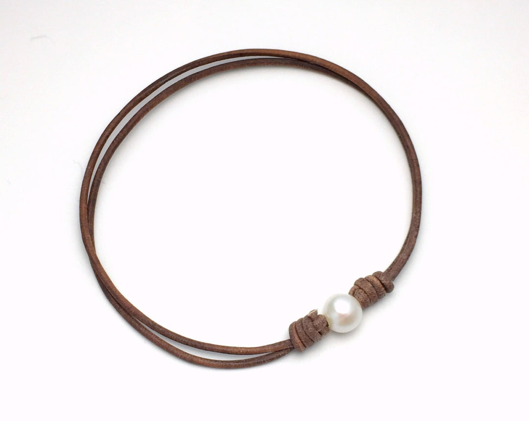 White Freshwater Pearl and Rustic Brown Leather Anklet / Bracelet - SunlightSilver