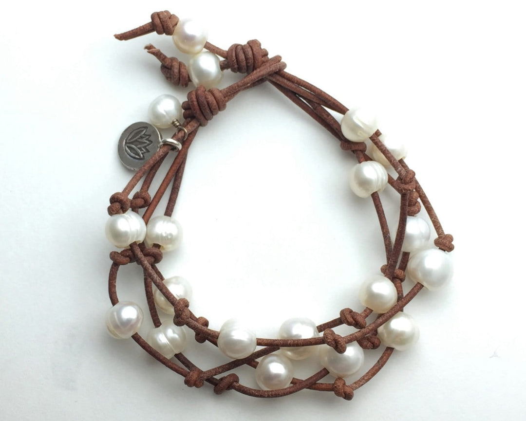 Pearl Bracelet | Rustic Brown Leather Multi-Strand Wrap Jewelry, White Freshwater Pearls, Silver Charm - SunlightSilver