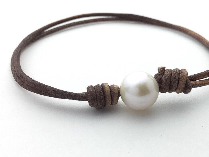 Rustic Brown Leather Anklet / Bracelet. Adjustable. White Freshwater Pearl and Antiqued Rustic Style Leather - SunlightSilver