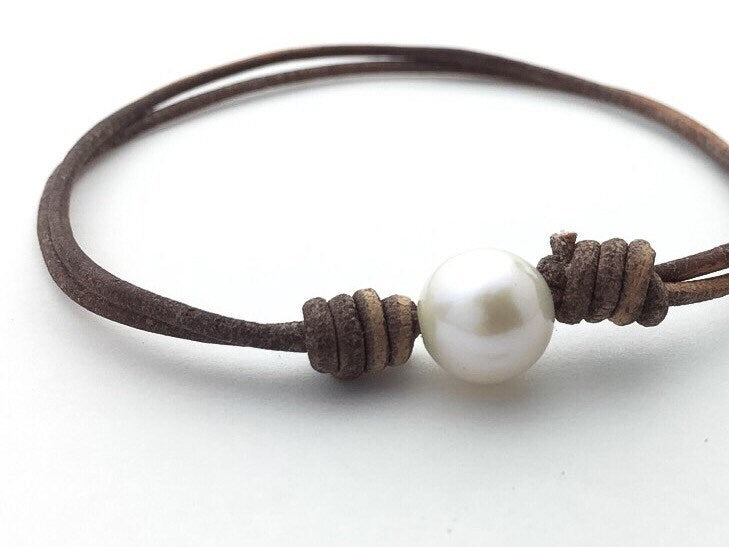 White Freshwater Pearl and Rustic Brown Leather Anklet / Bracelet - SunlightSilver