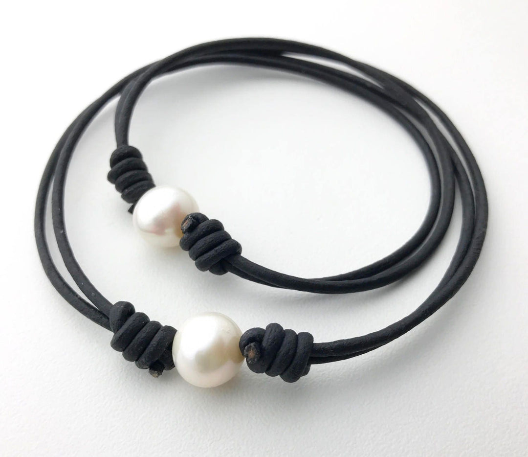 Black Leather and Pearl Anklet or Bracelet - SunlightSilver