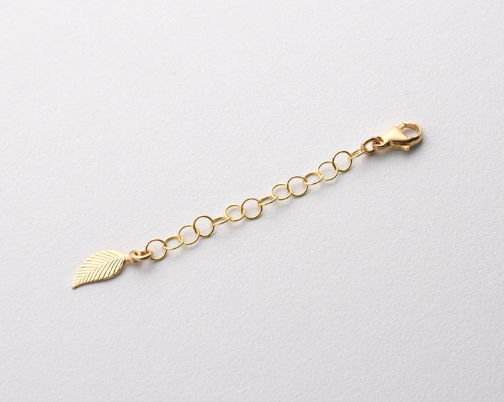 14k Yellow Gold Fill Necklace Extender with Feather/Leaf Charm - Custom Length 1–6 Inch - Perfect for Layered Necklaces, Bracelets & Anklets - SunlightSilver