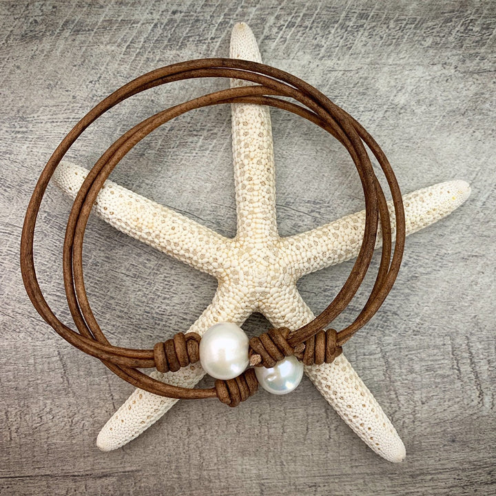 White Pearl and Rustic Brown Leather Anklet / Bracelet - SunlightSilver