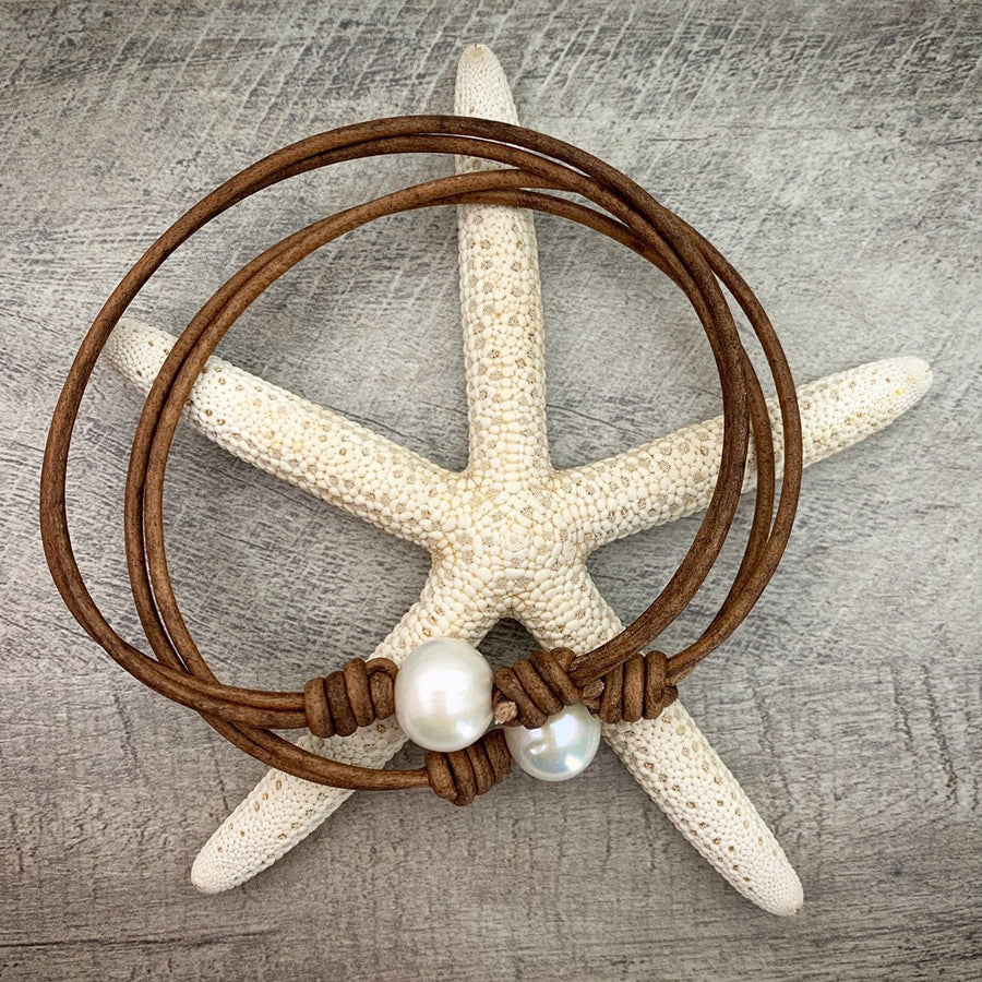 White Pearl and Rustic Brown Leather Anklet / Bracelet - SunlightSilver