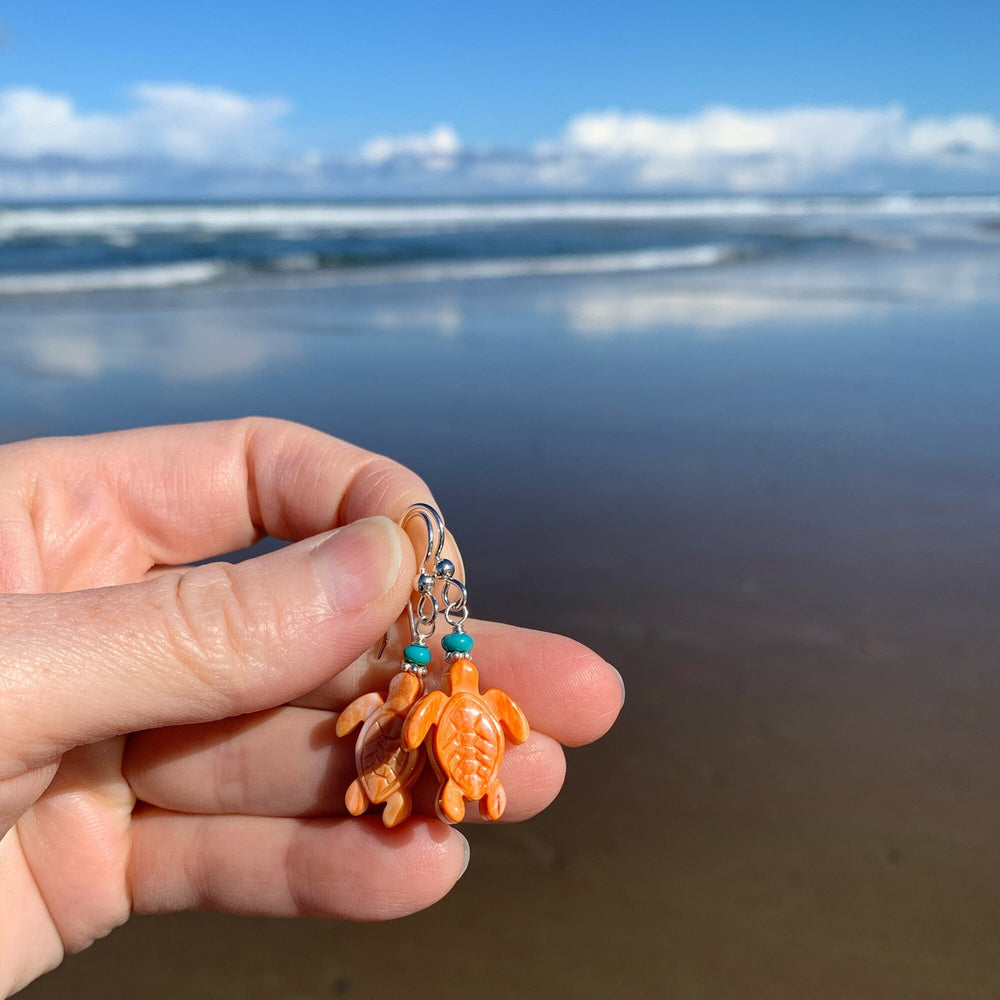 Orange Spiny Oyster Sea Turtle Earrings with Turquoise and Sterling Silver - SunlightSilver