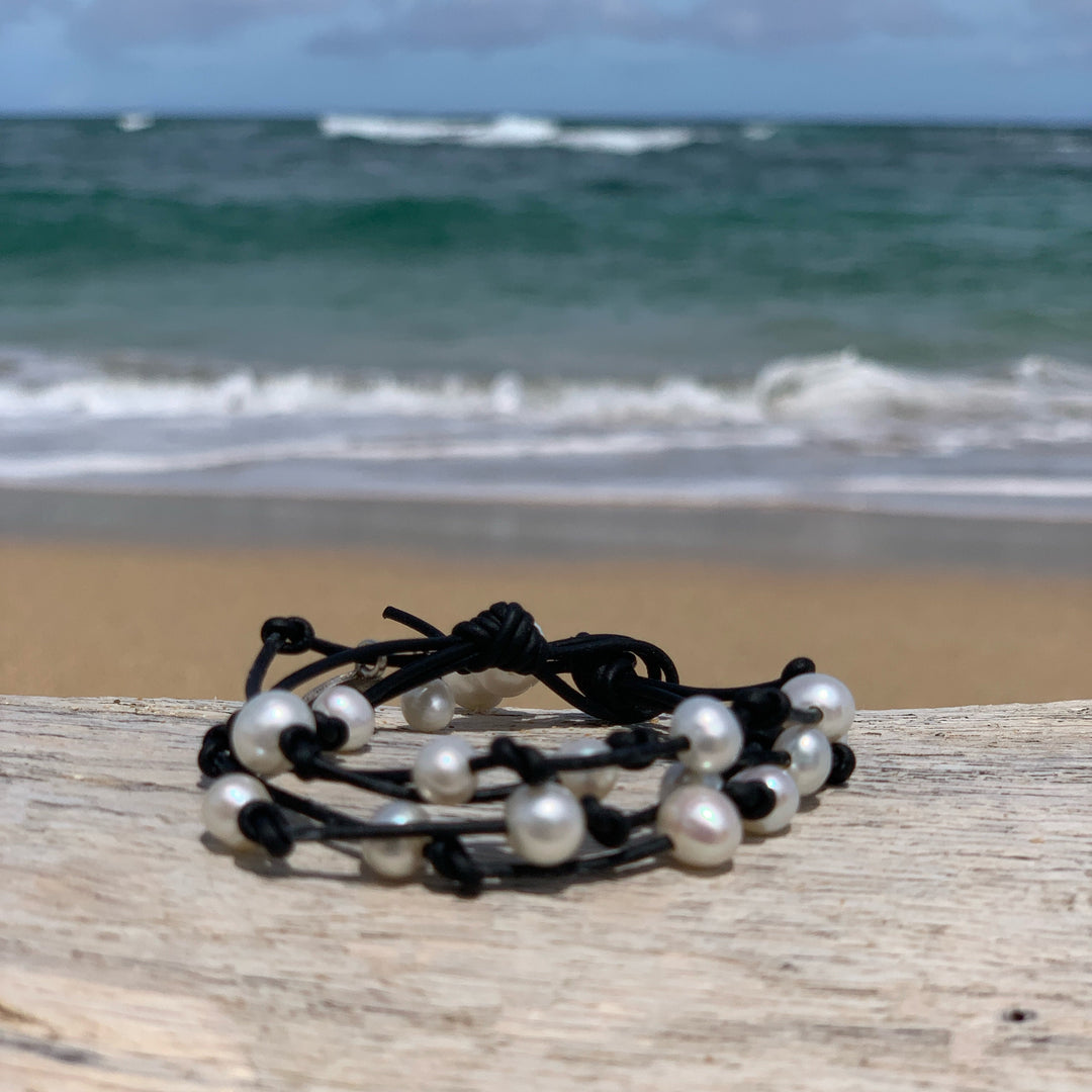 Pearl Bracelet | Rustic Brown Leather Multi-Strand Wrap Jewelry, White Freshwater Pearls, Silver Charm - SunlightSilver