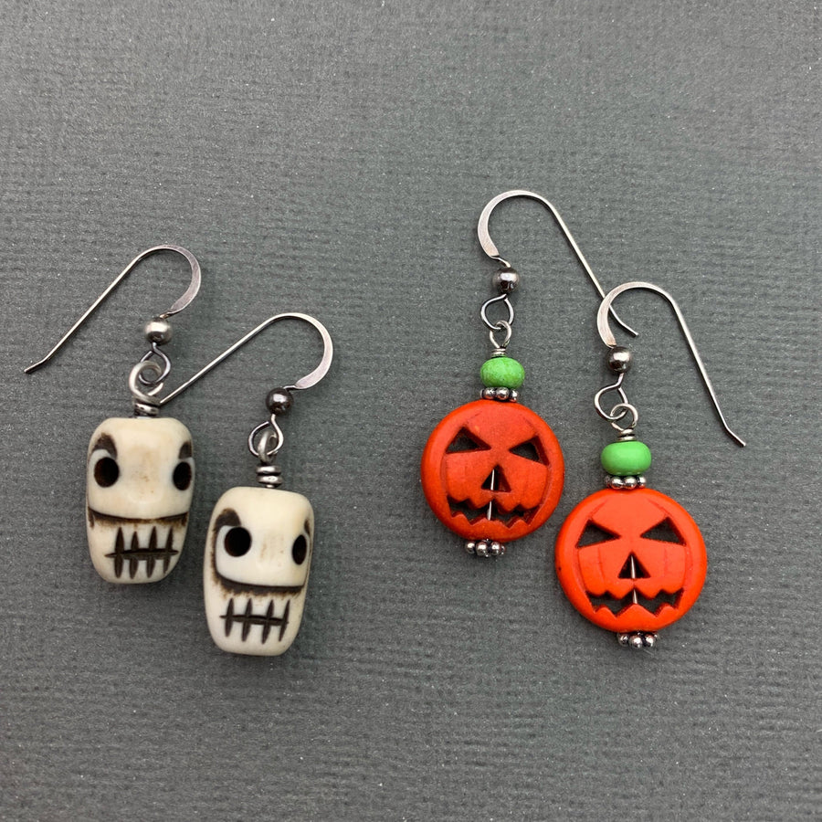 Halloween Earrings. Skull Earrings or Pumpkin Earrings. Jack-o-Lantern Earrings. Made with sold 925 Sterling Silver. Skull Jewelry - SunlightSilver