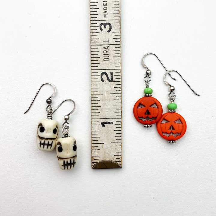 Halloween Earrings. Skull Earrings or Pumpkin Earrings. Jack-o-Lantern Earrings. Made with sold 925 Sterling Silver. Skull Jewelry - SunlightSilver