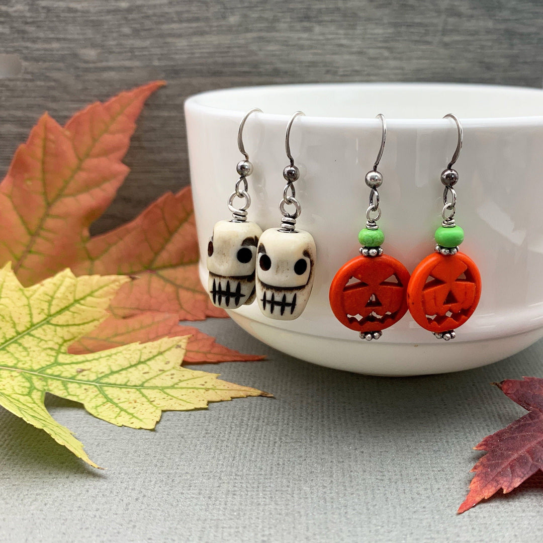 Halloween Earrings - Your Choice: Carved Bone Skull or Pumpkin - Solid 925 Sterling Silver - SunlightSilver