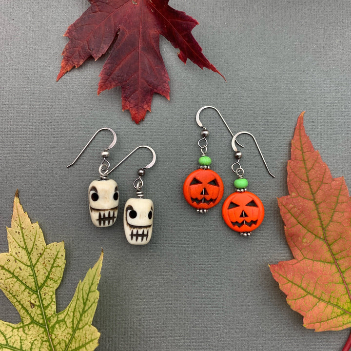 Halloween Earrings. Skull Earrings or Pumpkin Earrings. Jack-o-Lantern Earrings. Made with sold 925 Sterling Silver. Skull Jewelry - SunlightSilver