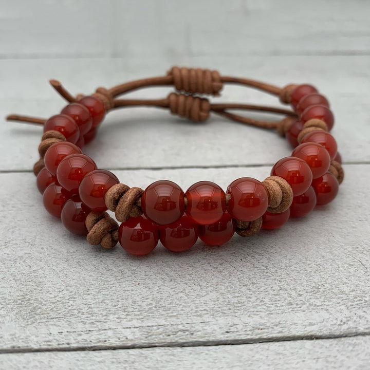 Orange Carnelian and Leather Stacking Bracelet - SunlightSilver