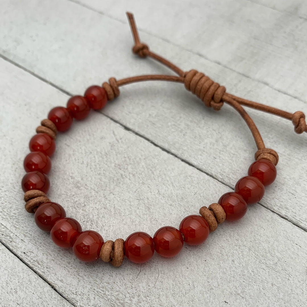 Orange Carnelian and Leather Stacking Bracelet - SunlightSilver