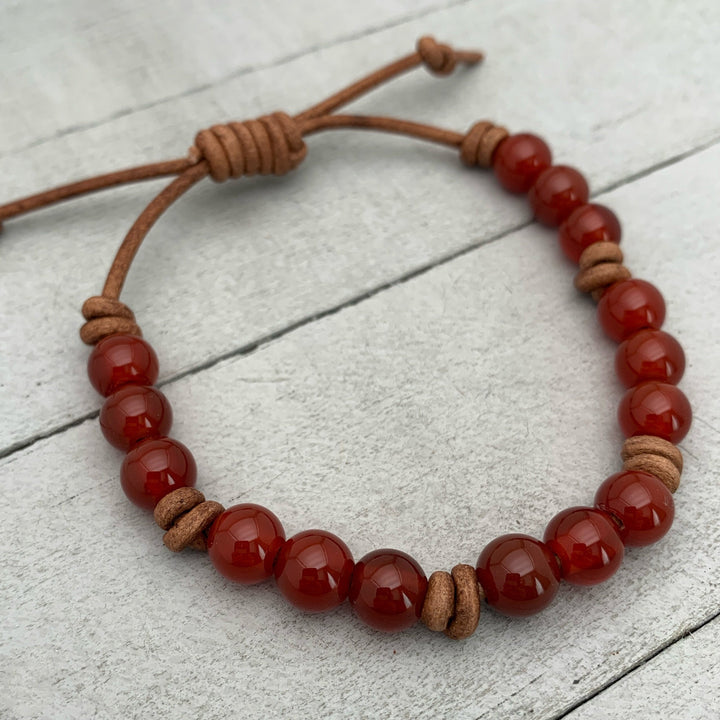 Orange Carnelian and Leather Stacking Bracelet - SunlightSilver