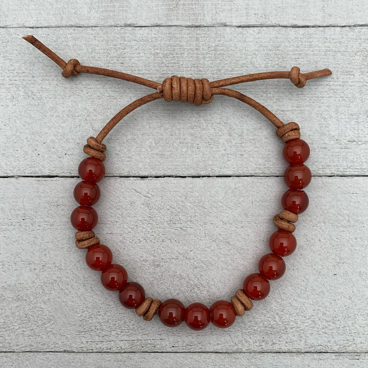 Orange Carnelian and Leather Stacking Bracelet - SunlightSilver