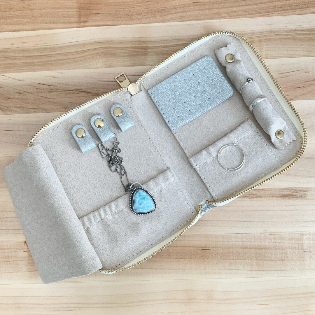 Jewelry Travel Case - Small Secure Zippered Leatherette Organizer: Earrings, Necklaces, Bracelets, & Rings - Bridesmaid Gift - Jewelry Box - SunlightSilver