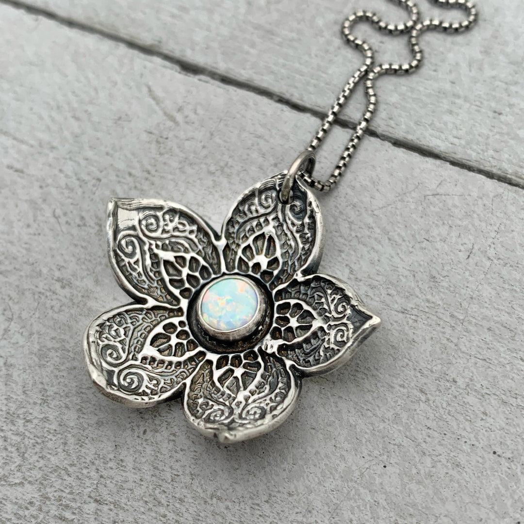 Opal and Sterling Silver Flower Necklace - SunlightSilver