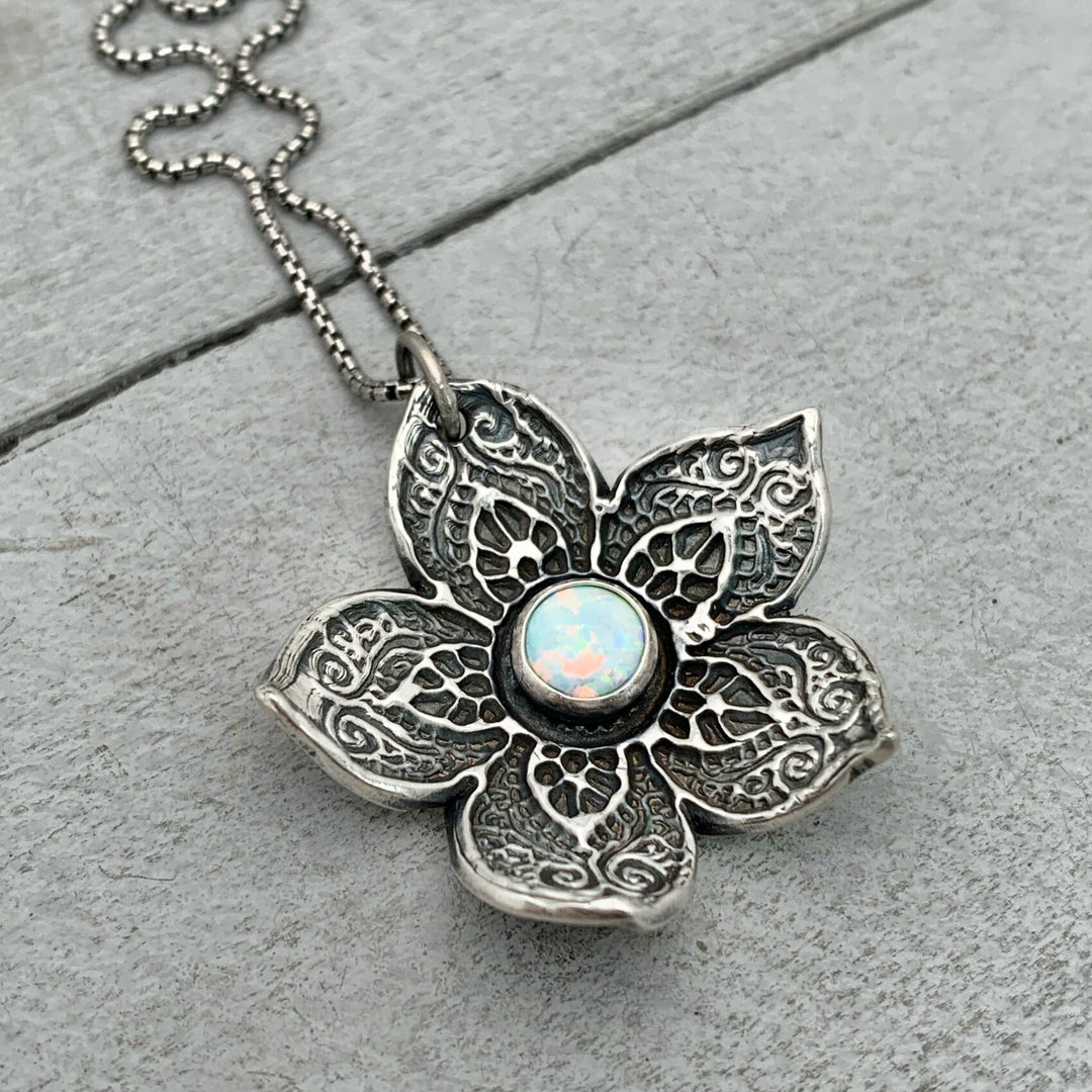 Opal and Sterling Silver Flower Necklace - SunlightSilver