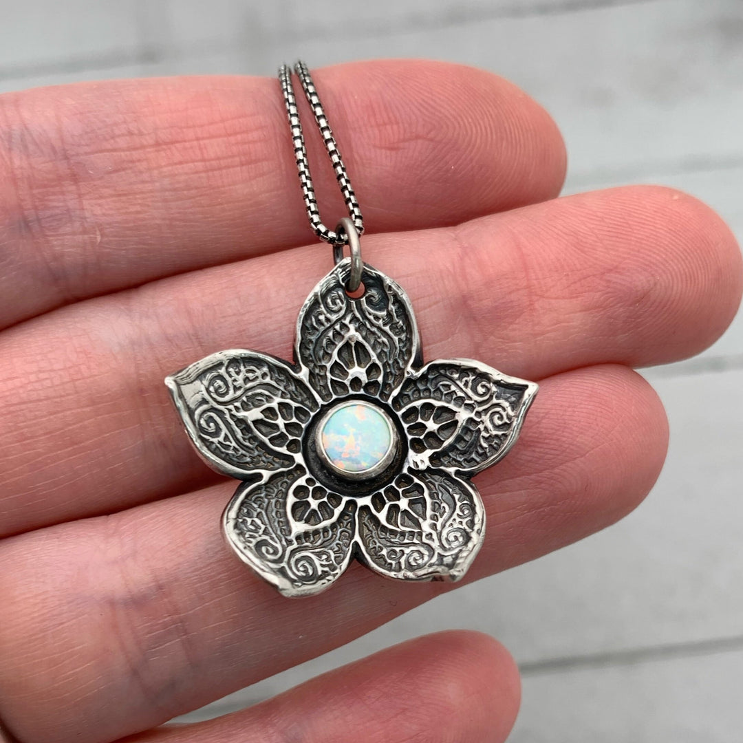 Opal and Sterling Silver Flower Necklace - SunlightSilver