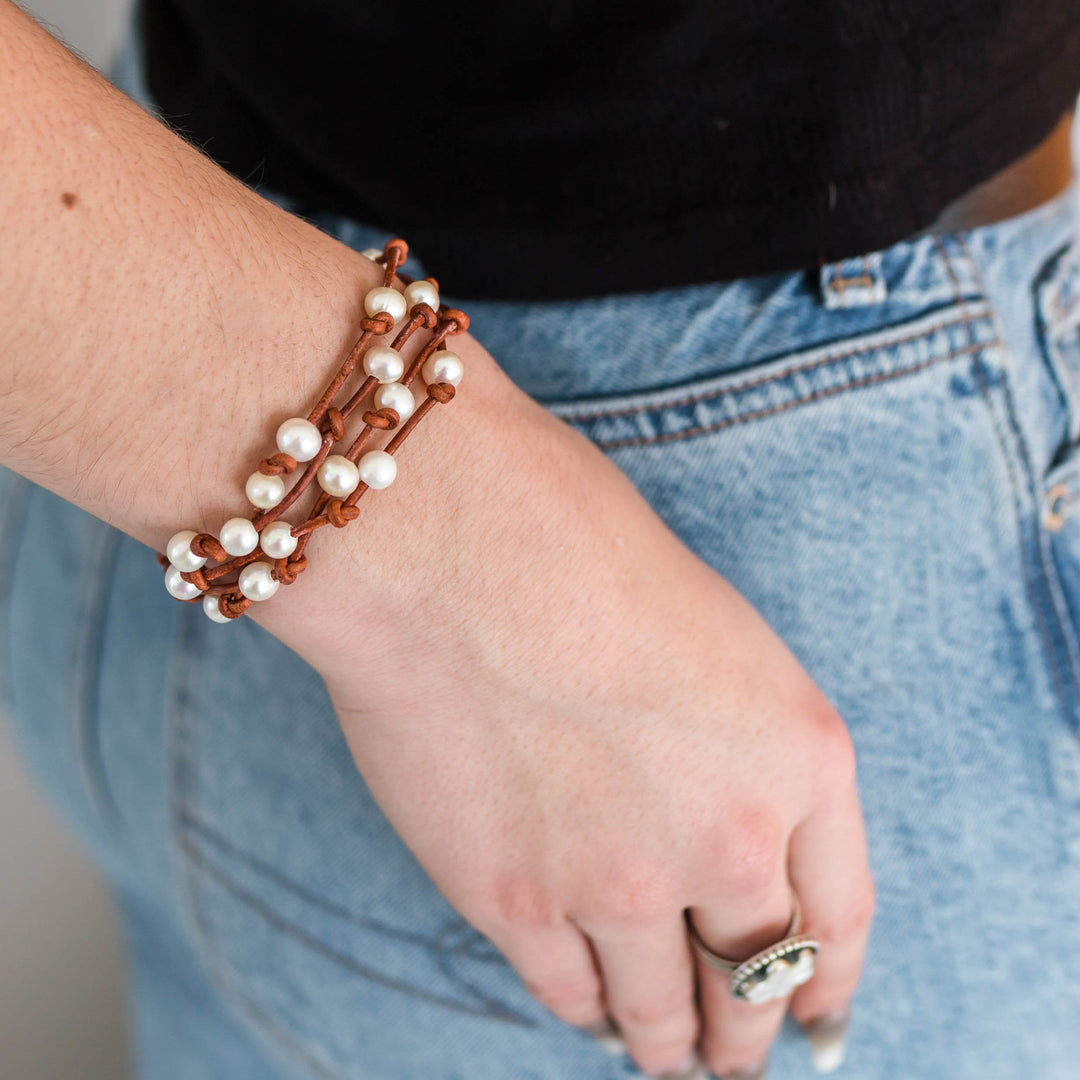Pearl Bracelet | Rustic Brown Leather Multi-Strand Wrap Jewelry, White Freshwater Pearls, Silver Charm - SunlightSilver