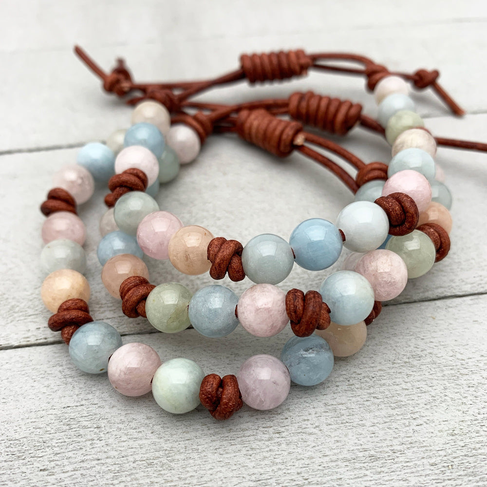Beryl Gemstone Leather Bracelet with Morganite, Aquamarine, Emerald, Heliodor - SunlightSilver