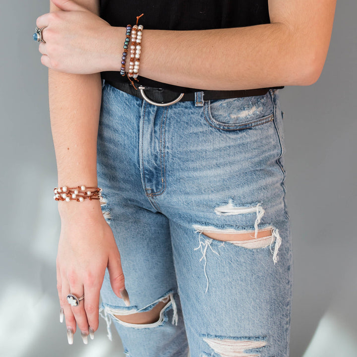 Pearl Bracelet | Rustic Brown Leather Multi-Strand Wrap Jewelry, White Freshwater Pearls, Silver Charm - SunlightSilver