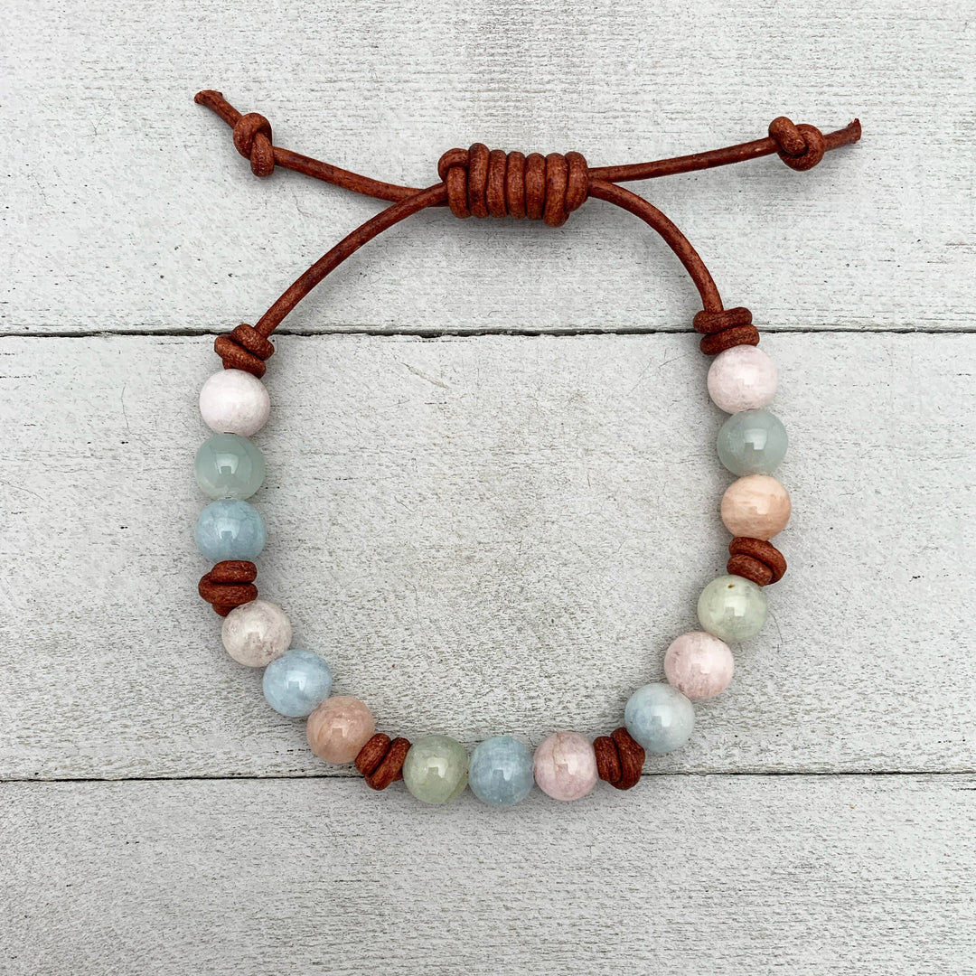 Beryl Gemstone Leather Bracelet. Morganite, Aquamarine, Emerald, Heliodor - SunlightSilver