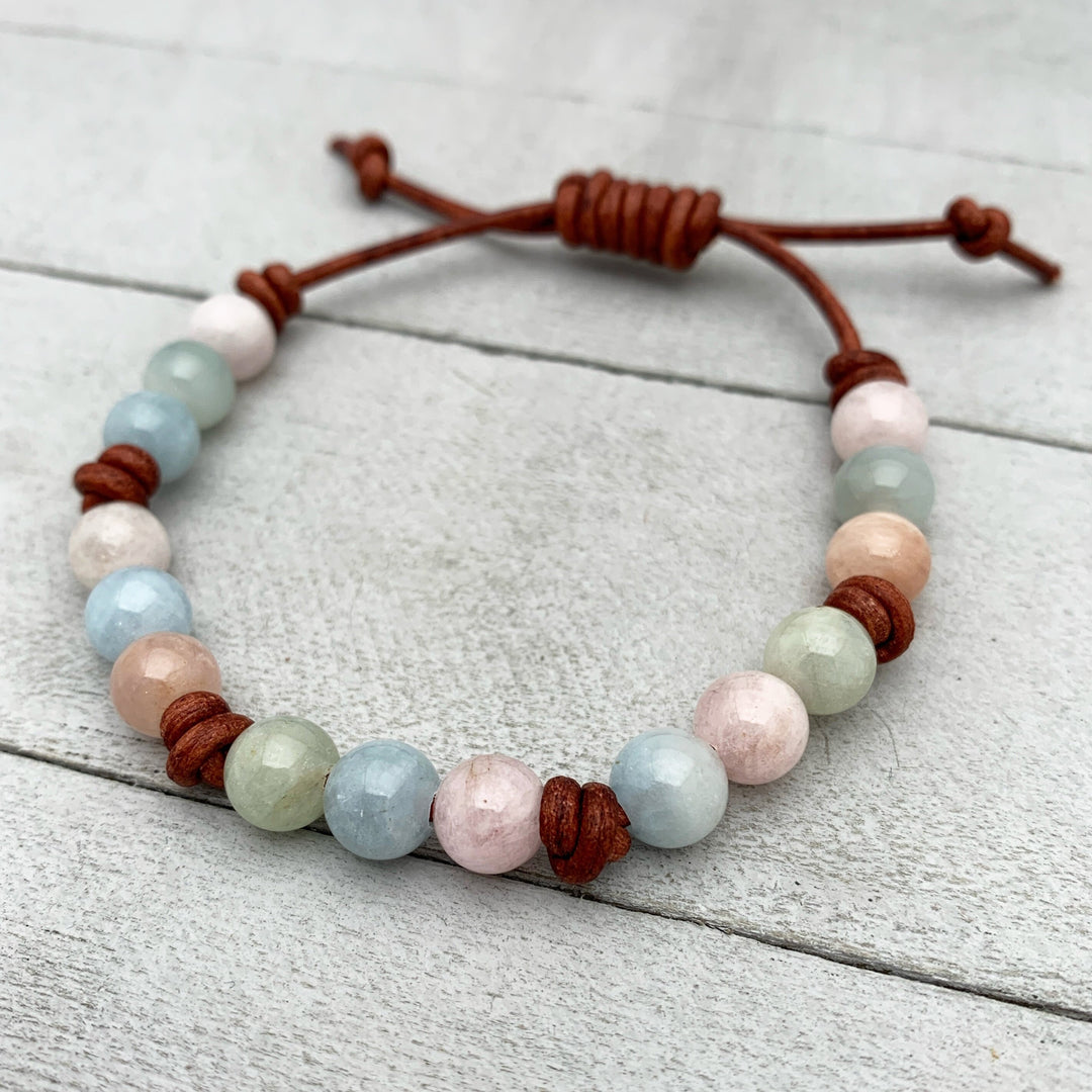 Beryl Gemstone Leather Bracelet. Morganite, Aquamarine, Emerald, Heliodor - SunlightSilver