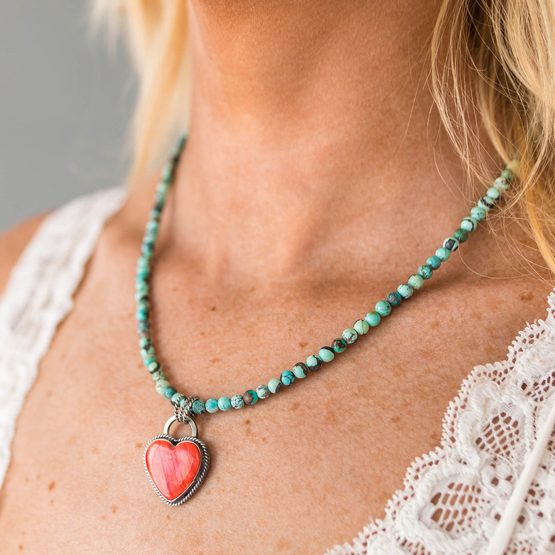 Red Spiny Oyster Heart and Sterling Silver Pendant - SunlightSilver