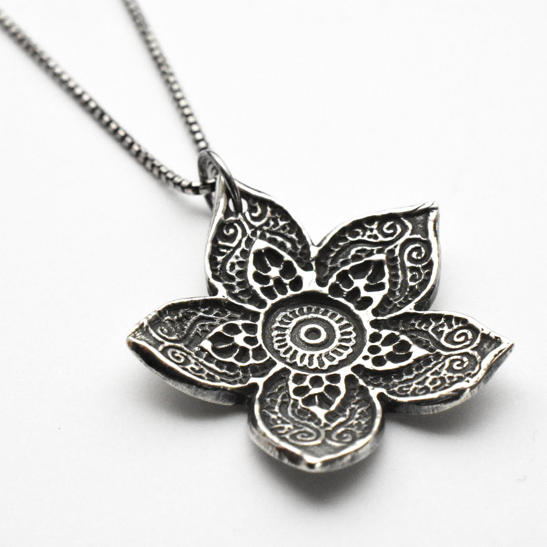 Large Sterling Silver Flower Necklace. Solid 925 Sterling Silver Paisley Flower Pendant. Big Bohemian Mandala Flower Necklace. - SunlightSilver