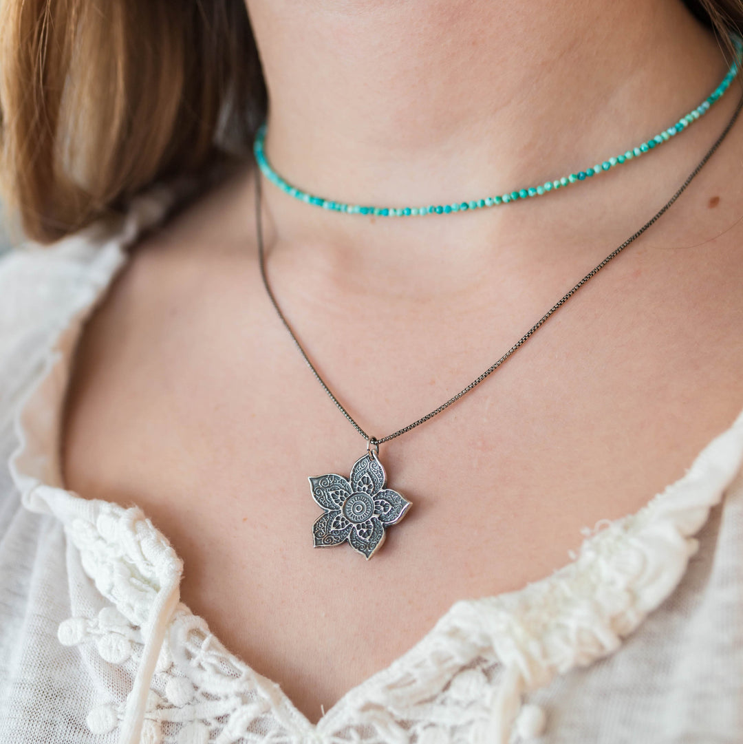 Large Sterling Silver Flower Necklace. Solid 925 Sterling Silver Paisley Flower Pendant. Big Bohemian Mandala Flower Necklace. - SunlightSilver
