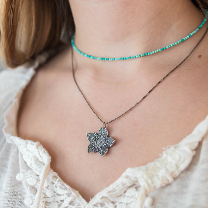 Large Sterling Silver Flower Necklace. Solid 925 Sterling Silver Paisley Flower Pendant. Big Bohemian Mandala Flower Necklace. - SunlightSilver