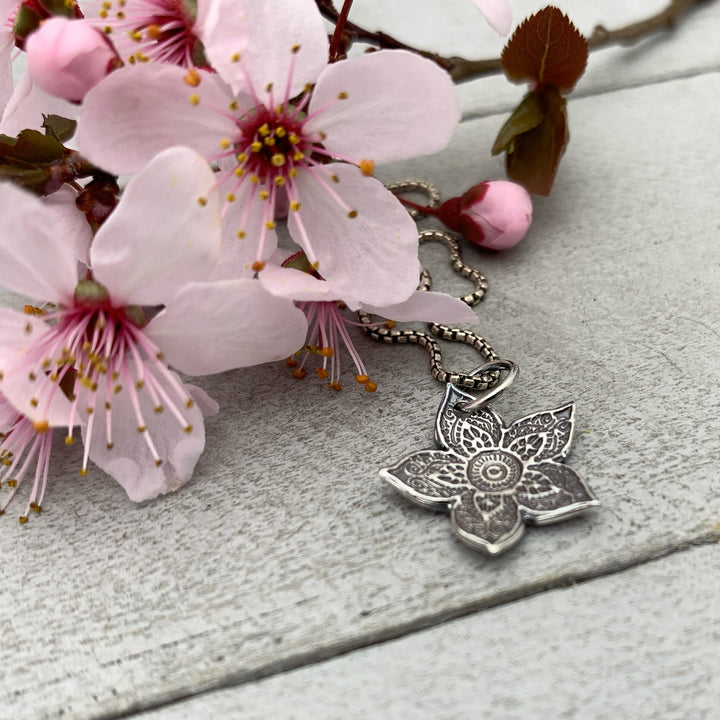 Small Sterling Silver Flower Charm Necklace. Solid 925 Sterling Silver - SunlightSilver